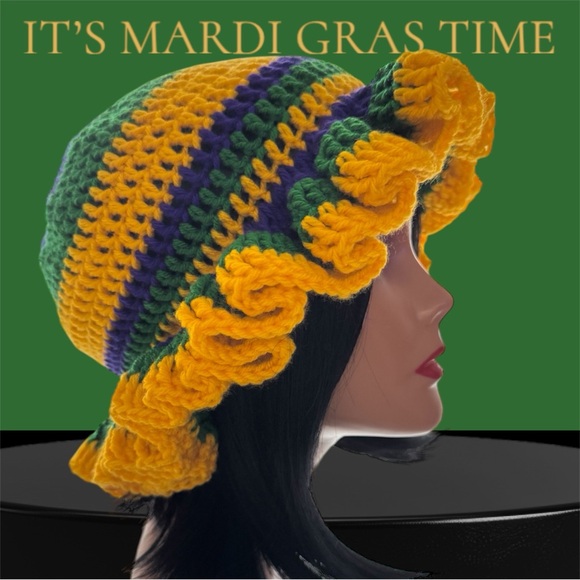 Mardi Gras themed Floppy Ruffles Crochet hat - Picture 1 of 7